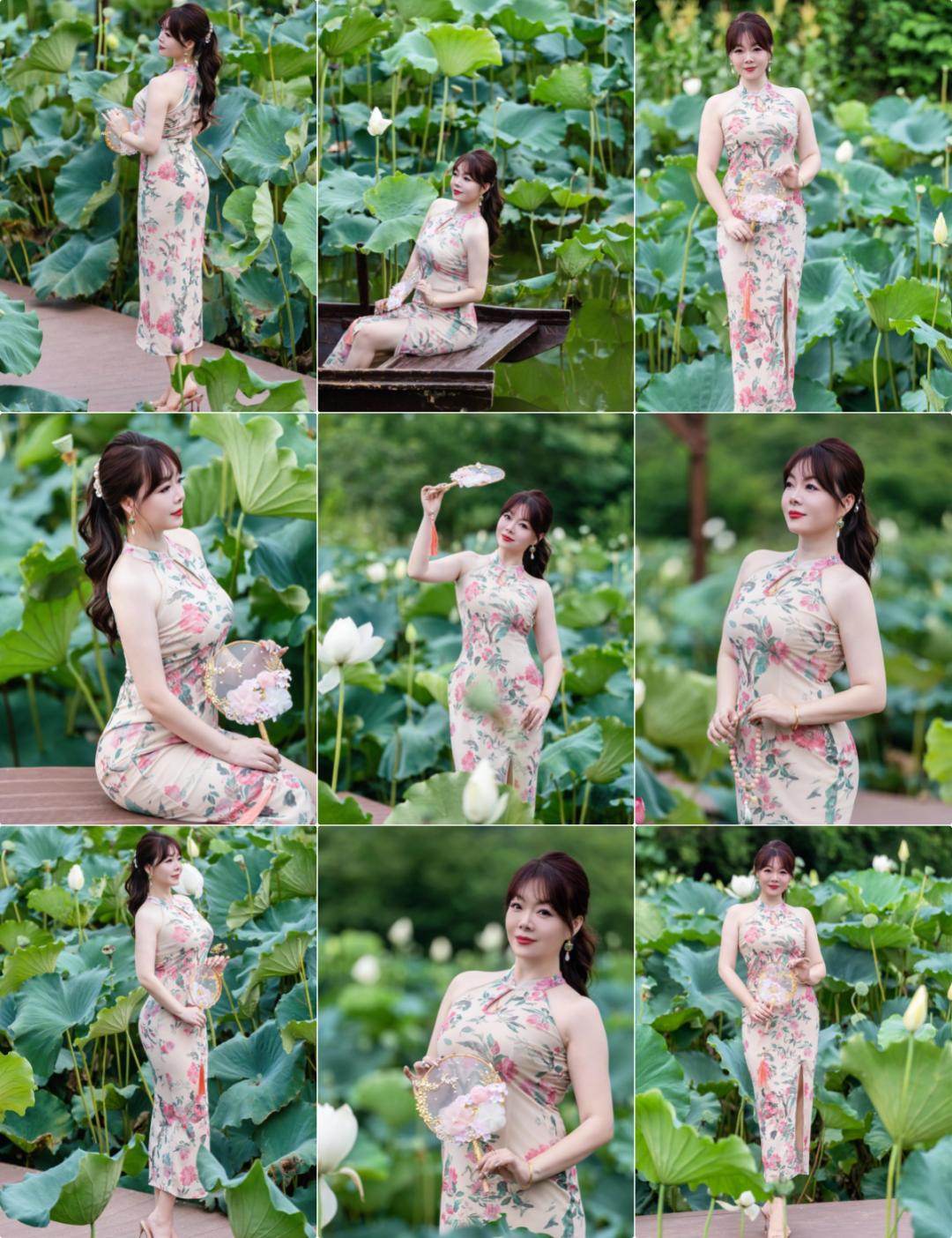 旗袍搭配荷花，这样拍照，气质好看有韵味，大方优雅显身材